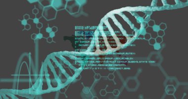 Dünya haritası üzerinde DNA ipliği olan veri işleme resmi. Küresel teknoloji, bilgisayar ve dijital arayüz kavramı dijital olarak oluşturulmuş görüntü.