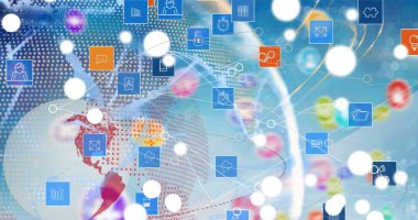 Küre görüntüsü, dünya haritası ve mavi arka planda teknik simgeler. Küresel ağ, veri işleme ve dijital olarak oluşturulmuş görüntü teknolojisi kavramı.