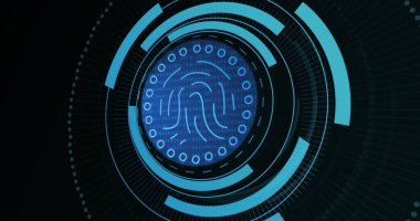 Siyah zemin üzerinde işlem çemberindeki parmak izinin resmi. Veri işleme, dijital güvenlik ve teknoloji konsepti dijital olarak oluşturulmuş görüntü.