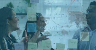 Dünya haritası ve dünyanın farklı iş adamlarının üzerindeki görüntüsü. Küresel iş, bilgisayar ve dijital arayüz kavramı dijital olarak oluşturulmuş görüntü.