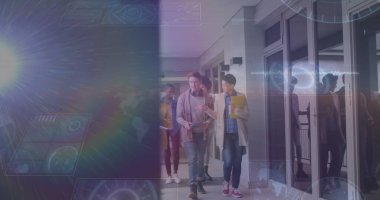 Ofiste yürüyen çeşitli iş adamlarının veri işleme görüntüsü. Küresel iş ve dijital arayüz kavramı dijital olarak oluşturulmuş görüntü.