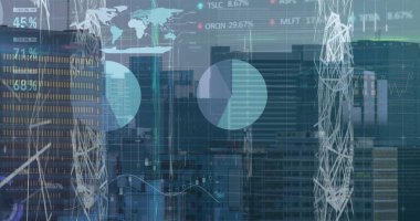 Şehir manzarası üzerinde finansal grafik ve veri işleme resmi. Küresel iş, finans, veri işleme ve dijital arayüz kavramı dijital olarak oluşturuldu.