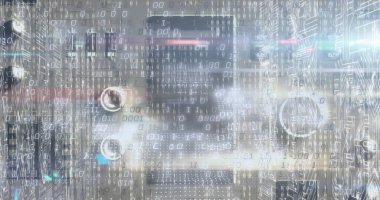 Gri arkaplan üzerinde düşen dijital veri işleme resmi. Küresel bağlantılar, teknoloji ve dijital arayüz konsepti dijital olarak oluşturuldu.