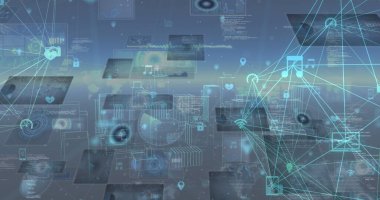 Veri işleme ve şehir manzarası üzerindeki simgelerle bağlantı ağının resmi. Küresel teknoloji, bilgisayar ve dijital arayüz kavramı dijital olarak oluşturulmuş görüntü.