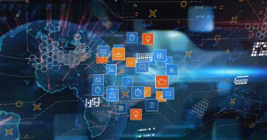 Dünyanın resmi, dünya haritası, simgeler ve veriler siyah dijital uzayda. Küresel ağ, veri işleme ve dijital olarak oluşturulmuş görüntü teknolojisi kavramı.