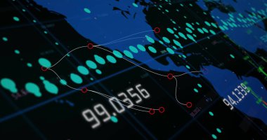 Finansal grafiklerin resmi ve siyah arkaplan üzerindeki veriler. Maliye, ekonomi ve veri işleme kavramı dijital olarak oluşturulmuş görüntü.