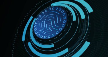 Siyah zemin üzerinde işlem çemberindeki parmak izinin resmi. Veri işleme, dijital güvenlik ve teknoloji konsepti dijital olarak oluşturulmuş görüntü.