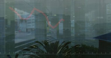 Şehir manzarası üzerinde finansal grafik ve veri işleme resmi. Küresel iş, finans, veri işleme ve dijital arayüz kavramı dijital olarak oluşturuldu.