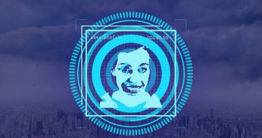 Çeşitli insanların portreleriyle veri işleme görüntüsü ve şehir manzarası üzerinde tarama. Küresel iş, bilgisayar ve dijital arayüz kavramı dijital olarak oluşturulmuş görüntü.