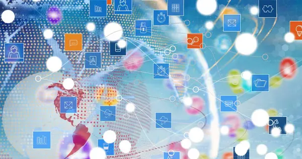 Küre görüntüsü, dünya haritası ve mavi arka planda teknik simgeler. Küresel ağ, veri işleme ve dijital olarak oluşturulmuş görüntü teknolojisi kavramı.