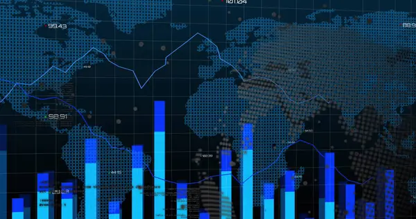 Grafikler, dünya haritası ve siyah dijital alan üzerindeki finansal veriler. Küresel iş, finans, ekonomi, ağ ve teknoloji konsepti dijital olarak oluşturulmuş görüntü.
