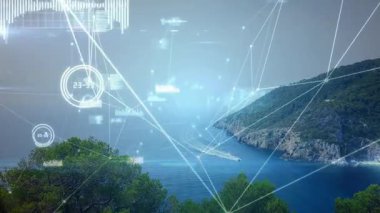 Hız teknesi oymacılığı sırasında kıyı koyunda ağ kuran düğümler, veri ağını görselleştiriyor. Teknoloji, veri, bağlantı, yenilik, deniz, dijital arayüz, görselleştirme