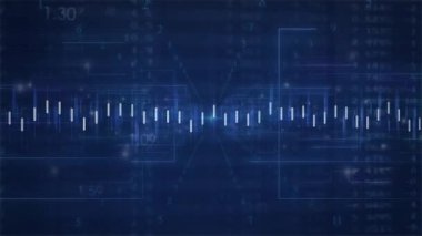 Animasyon veri tablosu beyaz çubuklar ve turuncu çizgi izleme zirveleriyle açılıyor, veri değerlerini vurguluyor. Veri görselleştirme, analitik, bilgi grafikleri, performans ölçümleri, teknolojik, dijital arayüz, gelecekçilik