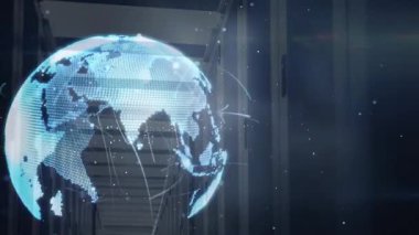 Holografik küreyi sunucuların arasında maddeleşerek dönen ve veri halkaları göndererek ağ oluşturuyor. Holografik, dijital, birbirine bağlı, geleceksel, görselleştirme, veri, ağ