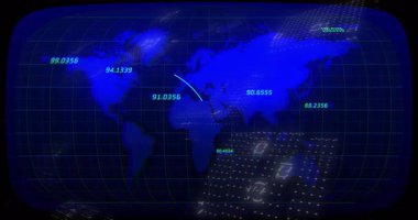 Ortaya çıkan sayısal ölçümler, küresel veri akışlarını takip eden siyan yaylarını gösteren dijital haritayı tetikliyor. Küresel ağ, veri görselleştirme, siber arayüz, dijital teknoloji, bağlantı, bilgi akışı, fütüristik biçim