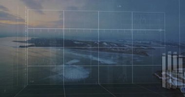 Statik hava görüntüsü şeffaf 3D ızgarayı başlatıyor, parmaklıklar yükseliyor ve düşüyor, trendleri görselleştiriyor. Veri görselleştirme, finansal analiz, fütüristik, dijital, teknoloji, soyut, hareket