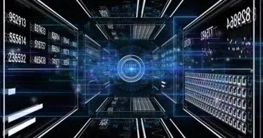 Belirsiz bir çember ortaya çıkıyor, mavi ışık parçacıkları içe doğru akarken paneller güncelleme çizelgelerini kaydırıyor. Fütürist, dijital, holografik, veri görselleştirmesi, sibernetik, teknoloji, büyüleyici