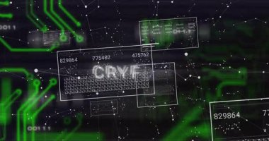Beyaz düğümlerle açılıyor, paneller beliriyor, kodlar güncelleniyor, CRYPTO parlıyor. Teknoloji, dijital, siber, ağ, engelleme zinciri, gelecekçi, güvenli