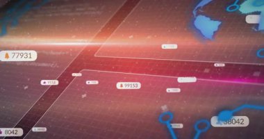 Işık çizgisi, veri akışlarını gösteren harita bağlayan ızgara düğümlerinde görünen etiketleri başlatıyor. Gelecek, teknoloji, soyutlama, dijital, bağlantı, yenilik, ağ