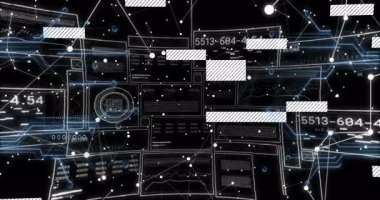 Şeffaf bg üzerinde görünen şebeke, sürüklenen düğümler, kodları güncelleyen çubuklar sonra da kablo çerçevesini geri çekiyor. Teknoloji, veri görselleştirme, fütüristik, soyut, dijital ortam, siber, ağ