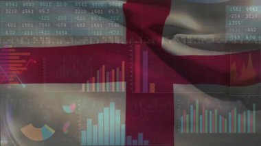 Başlangıçta İngiltere bayrağının soluklaşması çubuk grafiklerini dalgalandırıyor ve verileri gösteren çizgi grafikleri kayıyor. Vatanseverlik, analitik, görselleştirme, hareket, dijital, soyut, finans