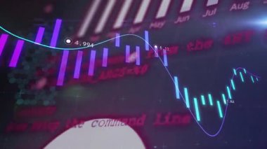 Gösterge paneli mor çubukları yüklüyor ve çizgi animasyon daldırma aylık eğilimleri görselleştirmek için yükseliyor. Teknoloji, veri, analitik, görselleştirme, finans, dijital, yenilik