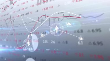 Şeffaf gösterge paneli görünür ve veri akışını haritalayan bulutlar aracılığıyla bağlanan simgeleri başlatır. Teknoloji, analitik, görselleştirme, yenilik, dijital, veri, ağ