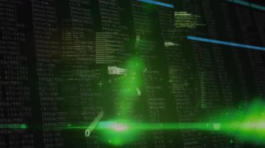 Yeşil işaret fişekleri, prizmalar süzülürken ve kod matrisi oluştururken titreşim ışını başlatılıyor. Fütürist, dijital, siber uzay, soyut, teknoloji, sanal, neon