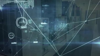 Başlangıçta, halkalar görselleştiren veri akışını atarken ağ, düğümler ve süpürme çizgileri oluşturur. Dijital, bağlantı, teknoloji, fütürist, soyut, siber, veri