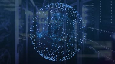 Nokta bulut küre kod kaydırma ve ağ titreşimli görselleştirme verileri üzerinde dönerken döner. Teknoloji, siber güvenlik, veri görselleştirme, dijital ağ, fütüristik, bilgi, yenilik