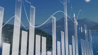 Dalgalanık çizgi ile 3D bar grafiği başlatılıyor, kaydırma çubukları, ortaya çıkan şamdanlar, veri gösterimi. Analizler, veriler, görselleştirme, finans, teknoloji, gösterge paneli, dijital