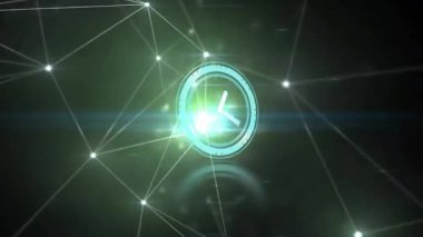 Ağ çizgileri titreşen üç boyutlu saati tetikler. Titreşen elleri döndürür. Zaman akışını görselleştirir. Gelecek, teknoloji, dijital, soyut, neon, hareket, görselleştirme