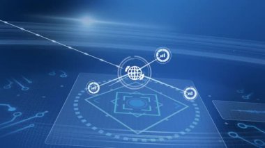 Mavimsi ışıldayan titreşim platformu dünyayı ve şebekeyi birbirine bağlayan çizelge düğümlerini oluşturuyor. Gelecek, bağlantı, veri, analitik, dijital, teknoloji, görselleştirme