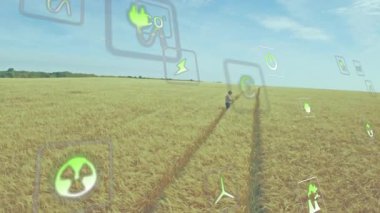 Çiftçi tablet yetiştiriyor ve tarım teknolojisiyle buğday tarıyor. Yenilenebilir enerji ve ekin sağlığı ikonları gösteriyor. Tarım, teknoloji, yenilik, sürdürülebilirlik, dijital, çevre, gelecekçilik