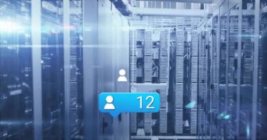 Sunucu koridorunda baloncuk patlaması, kullanıcı simgeleri canlandırma, kullanıcı büyümesini gösteren sayıyı güncelleme. Fütürist, yüksek teknoloji, dijital, ağ, bağlantı, yenilik, modern