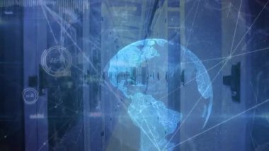Başlangıçta, grafikler ve çubuklar soluyor, yükselen dünya düğümlerini döndürüyor, ağı görselleştiriyor. Teknoloji, yenilik, veri, analitik, fütüristik, bağlantı, dijital