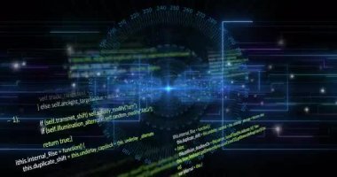 Merkezi parlama başlatılıyor. Boşluk ızgarası üzerinden akıyor. Panelleri küp şeklinde döndürerek verileri görselleştiriyor. Fütürist, dijital, soyut, teknoloji, siber güvenlik, yenilik, arayüz