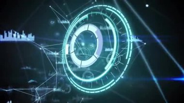 Başlangıçta, parlayan arayüz halkası veri ölçümlerini takip ederken ağı döndürür ve genişletir. Gelecek, teknoloji, veri, ağ, dinamik, dijital, soyut