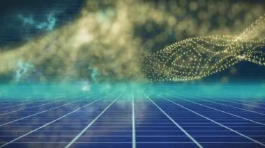 Sağa doğru yükselen küme, retro ızgara boyunca dalgalanan altın kurdele dalgası oluşturarak sisi yansıtıyor. Gelecekçi, soyut, enerjik, dinamik, teknoloji, dijital sanat, holografik