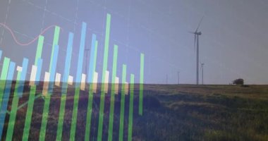 Yükselen uzun çubuklar, yükselen kırmızı ve yeşil çizgiler rüzgar çiftliği verilerini güncelliyor ve gösteriyor. Sürdürülebilir, yenilenebilir, teknoloji, manzara, analitik, veri, ilerleme