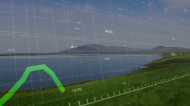 3D ızgara çöktüğünde, kıyı şeridinde trendleri görselleştirmek için yeşil çizgi beliriyor ve salınıyor. Veri görselleştirme, manzara, dinginlik, analitik, teknik, dijital, açık hava