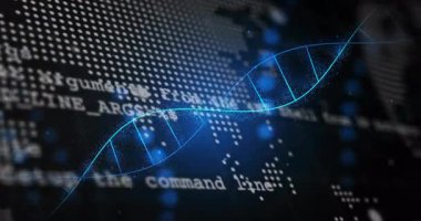 Sağ mavi sarmaldan çıkan dalgalanma, harita üzerinde dönen, veri akışını gösteren kod. Dijital, geleceksel, animasyon, teknoloji, veri, biyoteknoloji, soyut