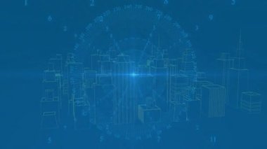 Klipsli kablo şebekesi başlatılıyor soluk tuşlu işaret fişeği dönüyor ve yön bulma çizgileri taranıyor. Futuristik, teknoloji, yenilik, dijital, plan, arayüz, veri