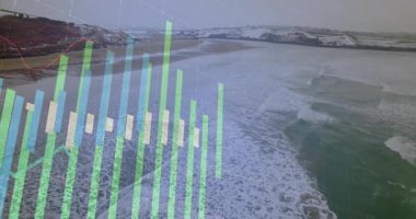 Yeşil çubuklar karlı sahil üzerinde maddeleşiyor, ortaya çıkan ızgara, büyüme eğilimleri gösteriyor. Analizler, veri görselleştirme, bilgi, teknoloji, finans, modern, soyut