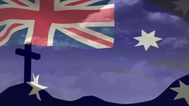 Tepelerde çapraz siluet Avustralya bayrağını dalgalandırarak haraç topluyor. Anıt, vatanseverlik, sembolizm, dinginlik, miras, açık hava, grafik