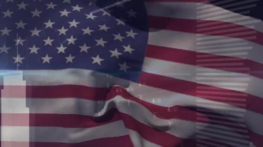 Rippling American flag activating lens flare, bars emerging and tracing rising line marking peak. Patriotism, data visualization, digital graphics, motion graphics, infographic, political, innovation