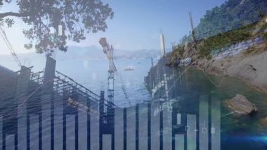 On data start bar chart columns rising and candlesticks drifting over crane showing market trends. Coastal, industrial, minimalistic, analytics, progress, technology, environmental