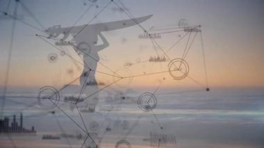 Graphic overlay activating network, surfer silhouette walking shore charts pulsing for coastal tech. Digital, vibrant, futuristic, connectivity, adventure, inspiration, environment