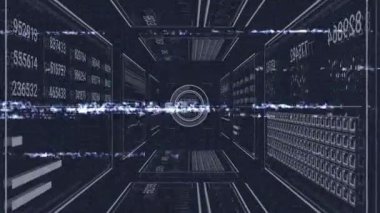 Glitch lines sweeping corridor starting reticle locking point with panels scrolling codes for scan. Futuristic, digital, data visualization, cyber, technology, abstract, motion