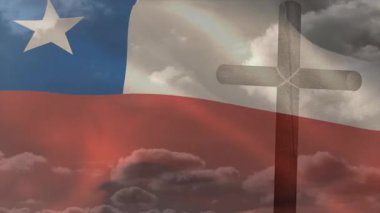 Gentle breeze activating Chilean flag, rippling red stripe and blue field behind cross silhouette. Patriotism, symbolism, movement, fabric, sky, texture, ambient
